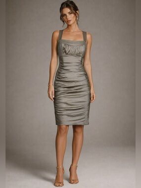 Cache Metallic Gray Sheath Ruched Open Back Mini Dress